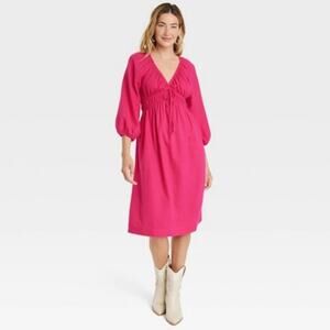 Universal Threads Women's Tie-front Puff 3/4 Sleeve Midi Dress Pink size Medium